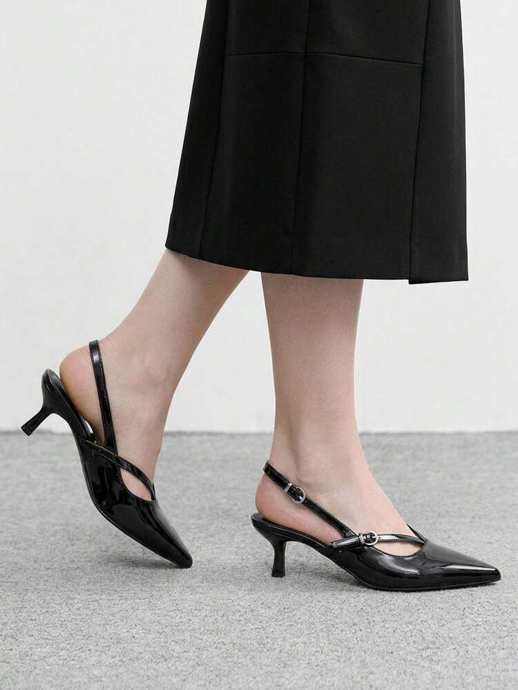 CUCCOO BIZCHIC Ladies Shoes, Double Buckle, Pointed Toe, Thin Heel 5cm Elegant Retro Style, Glossy Patent Leather, Olive Green, Slingback Shoes, Daily Commuting/Dating