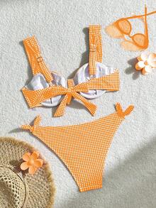 Swim Mod 2件套女士格子系带比基尼泳衣套装，夏季 - 彩色 - 查看 2