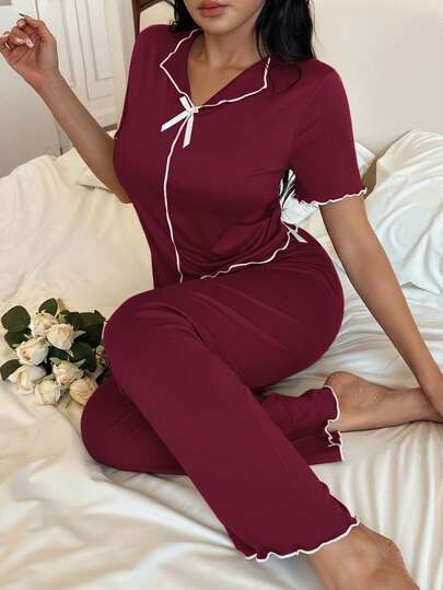 SHEIN Côtesoire Women V-Neck Bow Tie Ruffle Trim White Short Sleeve Top And Red Milk Silk Shorts Pajama Set, Minimalist Casual Comfortable Loungewear