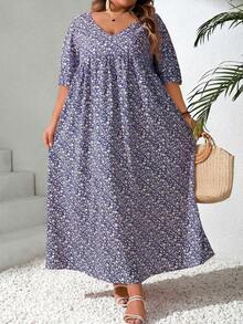 SHEIN CURVE+ Đầm babydoll tay ngắn cổ chữ V họa tiết hoa nhí dáng rộng, cỡ lớn dành cho nữ, thích hợp cho kỳ nghỉ hè, đi biển, phong cách Ả Rập, trang phục Boho, thời trang đi nghỉ mát mùa hè/đồng quê/bãi biển/đồ đi biển. - Nhiều màu - Xem 3