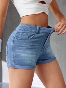 Flexra Quần short denim dáng ôm, chất liệu denim mài, thích hợp mặc mùa hè. - Rửa nhẹ - Xem 5