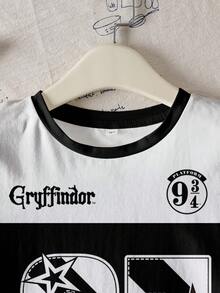 HARRY POTTER X SHEIN Tween Girls Cartoon Print Round Neck Short Sleeve T-Shirt - White - View 5