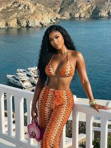 Slaydiva 早春新款，春夏音乐节，情人节，复活节，婚礼季，假日季，海滩度假，休闲，优雅，通勤，日常穿着，工作装，度假，派对，邮轮，派对，基础款，日常约会，比基尼上衣，吊带，露背短款背心+阔腿裤，超长裤，橙色波浪纹理面料套装，女士两件套 -G - 彩色 - 查看 9