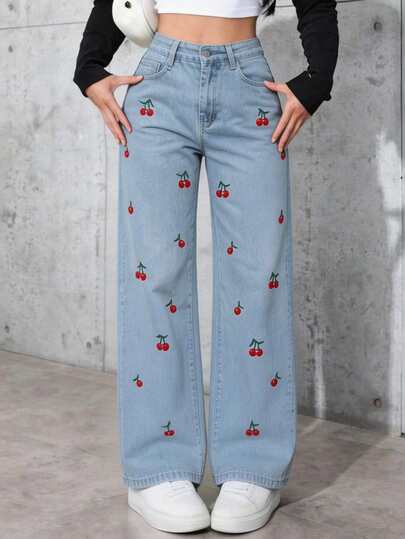 Mezclilla pantalon para mujer,bordado de cereza,anchor,rigido,hermoso,comodidad.