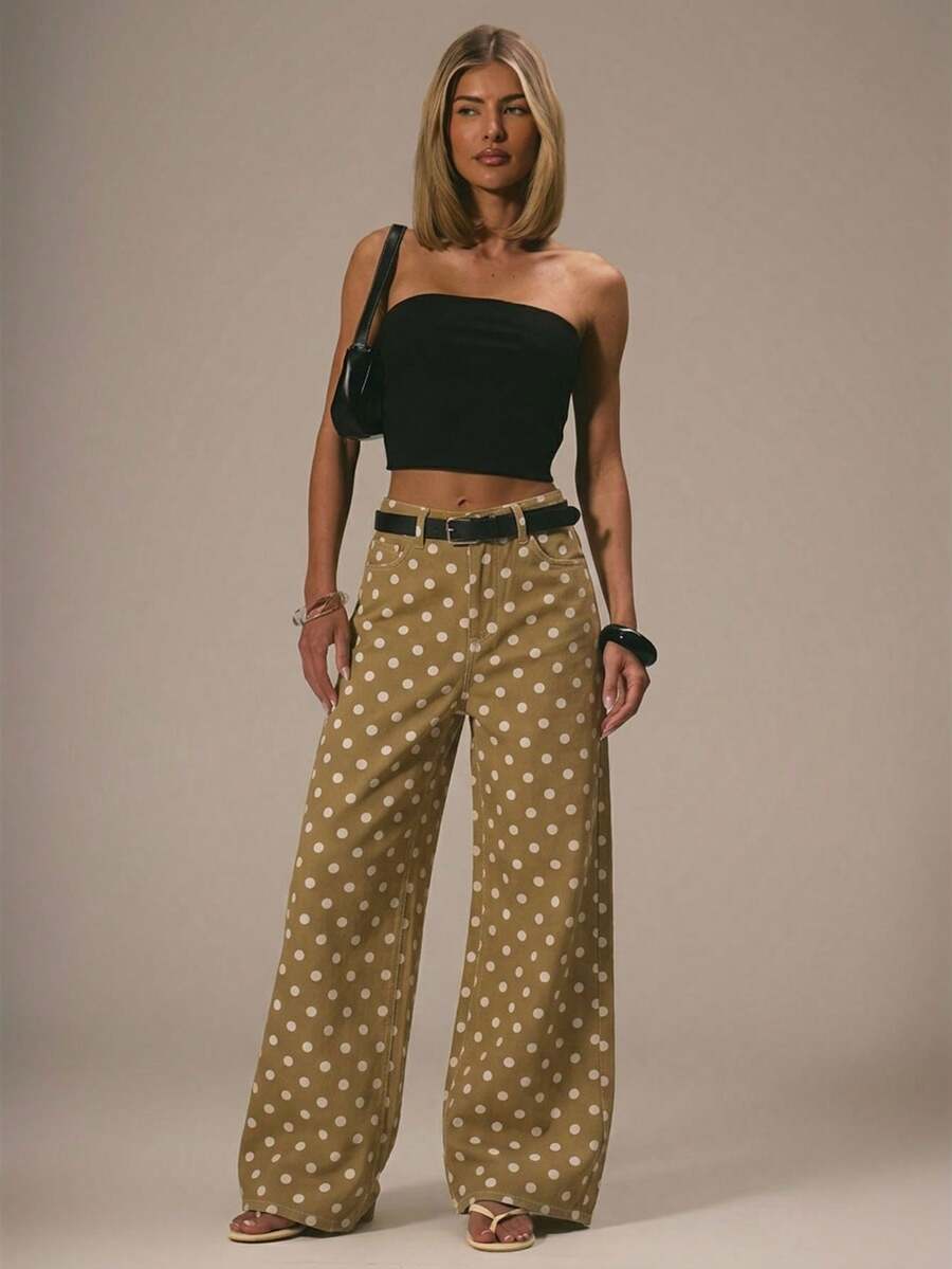 MUSERA Polka Dot Cute Denim Polka Dot Spring Summer Dainty Denim Straight Leg Mid Rise Jeans Ibiza Holiday Beach Chic - Apricot - View 1