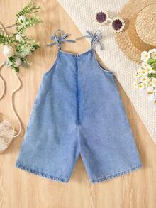 女童蓝色牛仔蝴蝶结吊带宽松连体衣 - 淺色水洗藍 - 查看 5