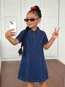 Young Girl' New Fashion Y2k Casual Soft Cute Oversized Boho Navy Blue Denim Shirt Dress Spring Summer,For Kids Girls Spring/Summer Dailywear Outfits,Girls Streetwear Outfits,Beach Vacation Outfits For Girls ,Girls Summer Boho Outfits,Casual Clothes For Girls ,Elegant Dresses For Girls ,Toddler Dress ,4-Year-Old Girls Dress ,Summer Dress ,Casual Dress,Shirt Dress - Dark Wash - View 3