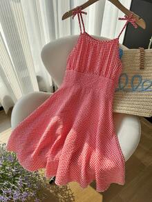 Đầm chữ A thanh lịch, kiểu dáng thường ngày, họa tiết kẻ caro, dây đeo vai và nơ thắt eo, thích hợp cho đi biển, du lịch, nghỉ mát, mùa xuân/hè. - Đỏ - Xem 5