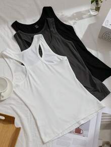 SHEIN EZwear 3件組女款露背細肩帶背心，瑜伽上衣，寬肩帶無袖運動上衣，適合夏季日間室內，白色灰色黑色休閒基礎款 - 彩色 - 查看 12