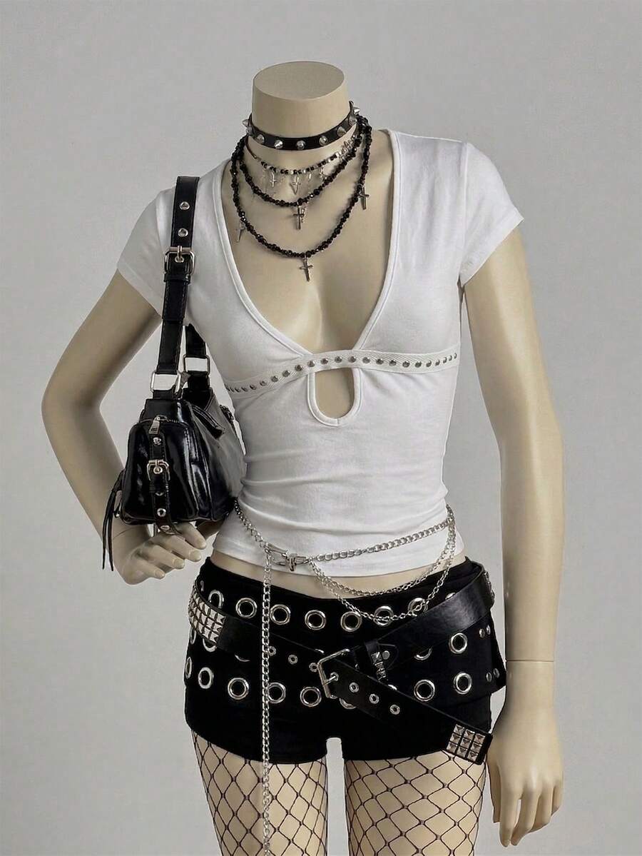 EgrlEra Áo thun nữ ôm sát, gợi cảm với chi tiết đinh tán và khoét lỗ. - trắng - Xem 1