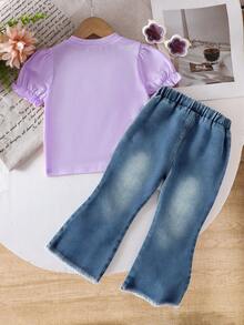 SHEIN Bộ đồ thường ngày dễ thương cho bé gái, áo tay ngắn cổ tròn màu trơn và quần ống loe kèm nơ 3D, thích hợp mặc mùa hè. - Màu tím - Xem 2