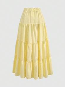 SHEIN Rok Panjang Kasual Sehari-hari Serbaguna Nyaman Musim Panas Motif Garis-garis Krem Kuning untuk Liburan Anak Perempuan Remaja - Kuning - View 4