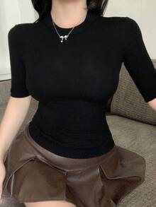 Dazy Tall Áo thun dài tay ôm sát cổ tròn dành cho nữ cao, thanh lịch cho người có vóc dáng cao. - màu đen - Xem 3