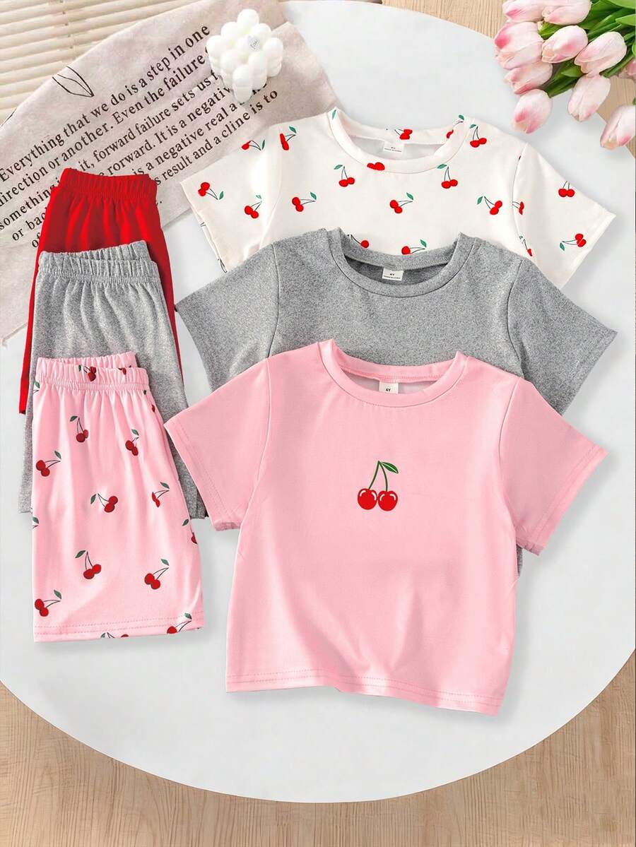 Genkimix Kids Bộ 3 món áo thun ngắn tay và quần short dáng rộng in hình quả anh đào nhỏ xinh cho bé gái, thích hợp mặc mùa hè. - Nhiều màu - Xem 1