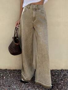 DAZY 女士宽松水洗卡其色牛仔裤 - 卡其色 - 查看 3