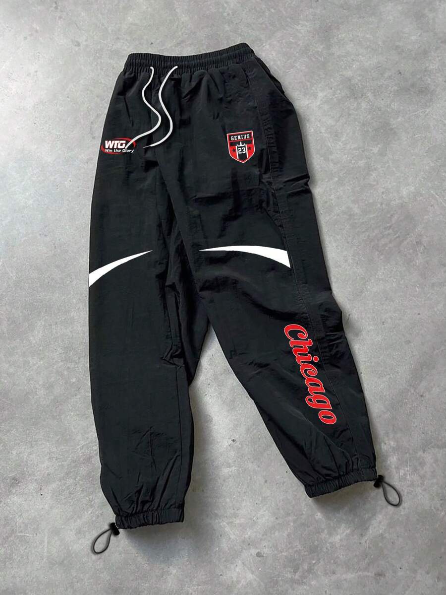 Acti Log 男士字母印花抽绳腰运动裤 - 黑色 - 查看 1