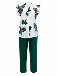 EMERY ROSE Women's Floral Print Cap Sleeve Shirt And Pants Elegant 2-Piece Set (Belt Is Decorative) - Dark Green - View 6