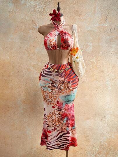  Mistrie Summer's New Sexy Vacation Leopard Print And Ditsy Floral Suspender Neck V-Neck Vest Fit Beach Vacation Skirt, Sexy Vacation Women's Two-Piece Set Wrap Around Dresses For Ladies Wow Dress