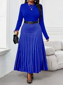 SHEIN Lady CURVE 秋冬优雅通勤办公室彩色针织立领喇叭中长袖大码连衣裙冬季女装感恩节女装冬季服装长袖连衣裙冬季冬装 - 寶藍色 - 查看 6