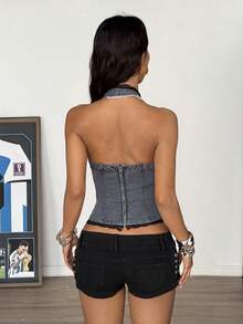 Muchica Women's Contrast Lace Deep V-Neck Halter Denim Blouse - Black - View 7