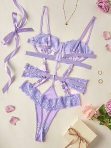 Elorette Women's Contrast Lace Hollow Out Design Sling Sexy Lingerie Jumpsuit Purple Lingerie Lingerie Set For Women - Mauve Purple - View 6
