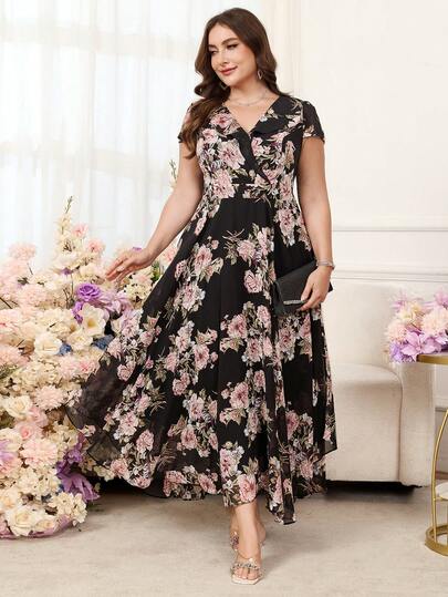 Reflora Plus Size Women's Elegant Floral Print Dress, Summer Wedding Guest Dress
