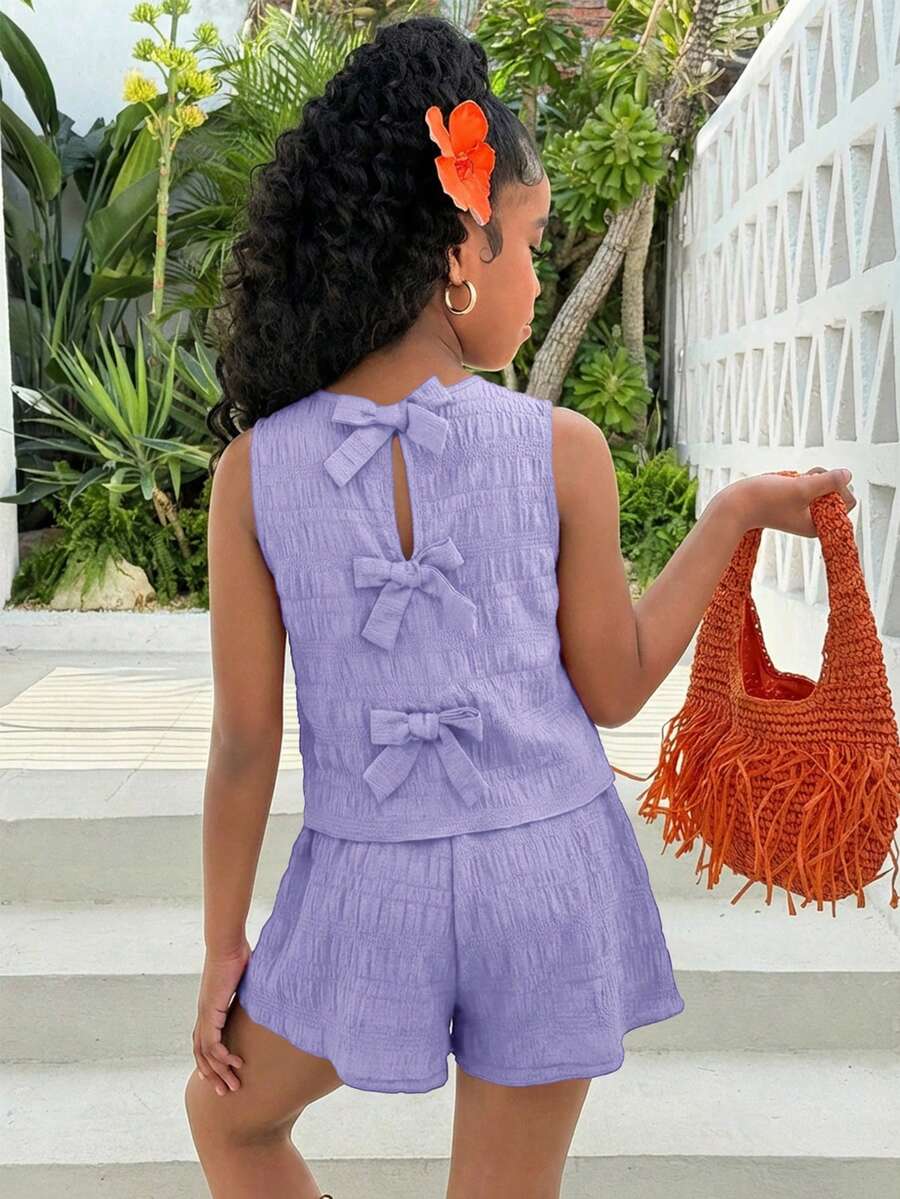 Tween Girl Casual Vacation Round Neck Textured Red Spring Style Bow Back Camisole Top And Shorts 2-Piece Set - Mauve Purple - View 1