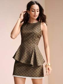 Arave 女士时尚波点印花吊带背心和迷你裙两件套 - 棕色 - 查看 4