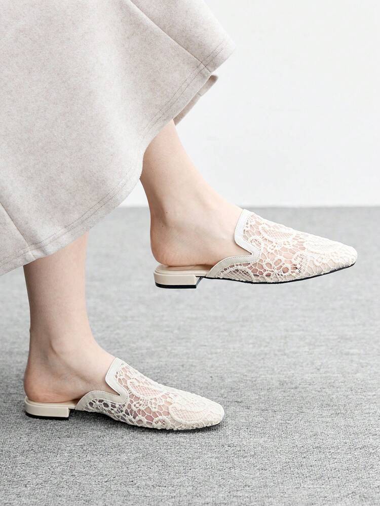 CUCCOO BIZCHIC Women's Square Toe Comfortable Fashion Beige Lace Flat Loafers, Slip-On Mules, Versatile Casual & Work Flats