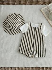 SHEIN 2pcs/Set Baby Boy/Girl Summer Striped Bib Overalls & Bucket Hat Set, Casual Outfit For Home, Outing, Beach - Multicolor - View 2