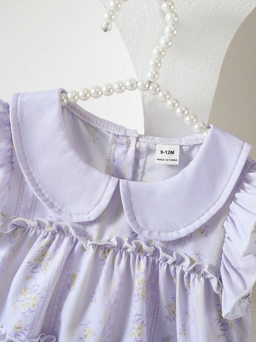 SHEIN Glamorique Kids 女婴优雅可爱刺绣彼得潘领荷叶边背心短裤套装,适合日常外出、度假、夏季公园玩耍 - 淡紫色 - 查看 1