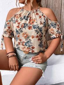 SHEIN CURVE+ Plus Size Women's Off-Shoulder Bow-Tie Printed Casual Blouse Vacation Beige Summer - Multicolor - View 5