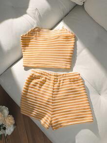 Sparklyn Bộ đồ lót nữ phong cách Y2K màu vàng trắng kẻ sọc, 2 món/set, thêu hình sao biển 3D, chất liệu vải họa tiết bong bóng, áo ống có dây đeo ẩn + quần short, mềm mại và thoải mái, phong cách ngọt ngào cho kỳ nghỉ hè trên bãi biển. - trái cam - Xem 2