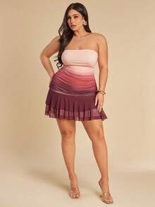 SHEIN BAE Plus Size Women Gradient Strapless Shorts Jumpsuit With Mesh Overlay - Multicolor - View 4