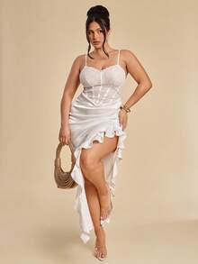 SHEIN BAE Plus Size Women's Elegant White Summer Wedding Silky Satin Maxi Dress,Contrast Lace Corset Bodice,High Slit Ruffle Hem,Spaghetti Strap Party Gown - Multicolor - View 4