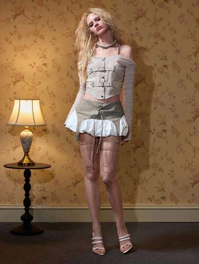 ROMWE 解构式系带褶皱露肩上衣