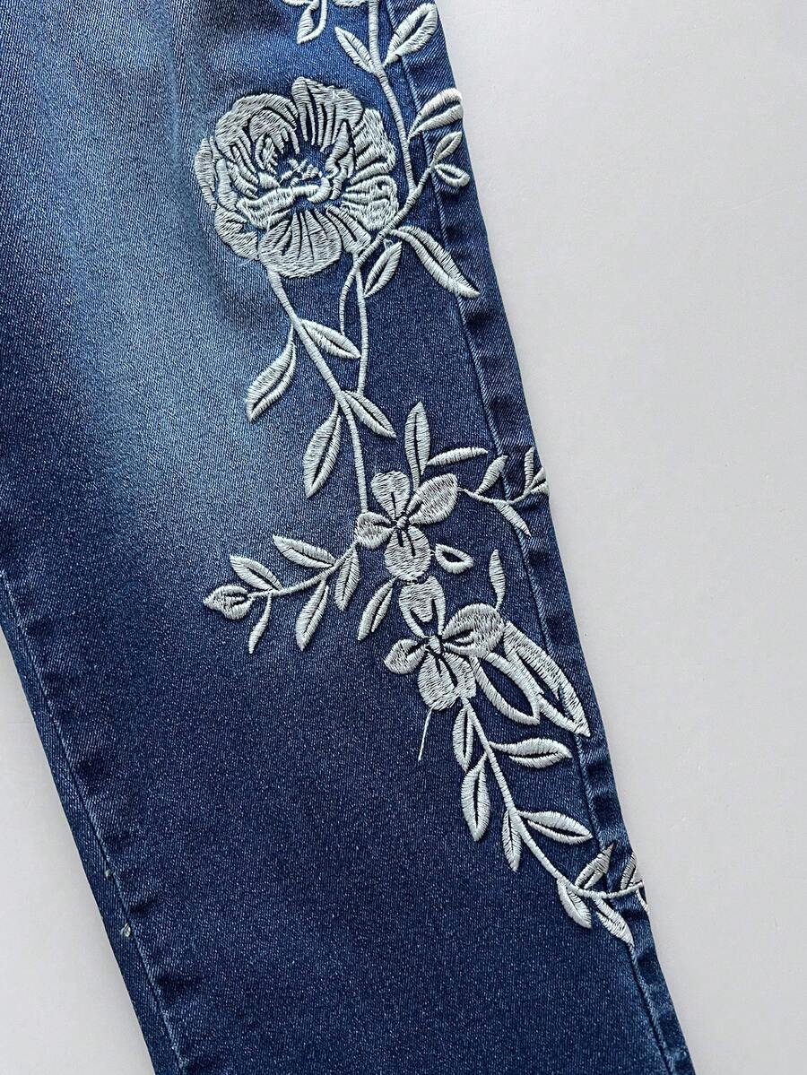 Elamini Quần jeans skinny dài đến 7/8, thêu họa tiết thời trang, đã qua xử lý giặt. - Rửa tối - Xem 1