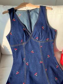 Brillora Women's Cherry Pattern V-Neck Sleeveless Denim Dress - Dark Wash - View 5