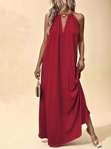 Halter Neck Long Swing Ladies Summer Solid Color Elegant Dress Burgundy Maxi Vacation Beach Outfits Women - Burgundy - View 8