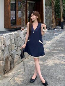 DAZY 女士V领休闲水洗牛仔连衣裙 - 藍色 - 查看 7