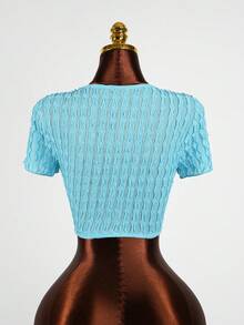 Lyxana Women's Fashion Round Neck Special Fabric Metal Buckle Pleated Cropped Short Sleeve T-Shirt, Suitable For Casual Outings, Music Festivals, Parties - Blue - View 7