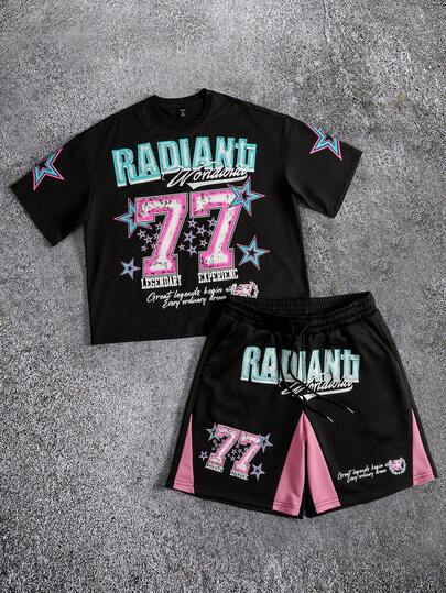 ROMWE MEN Men's Racing Car Print T-Shirt And Shorts Set, Loose Fit