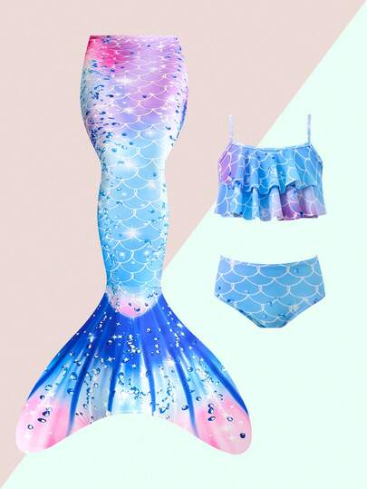 SHEIN GraphicGems 小女孩美人鱼尾巴三件套，采用鳞片印花弹力面料，荷叶边吊带背心和短裤，夏季游泳和海滩穿着舒适