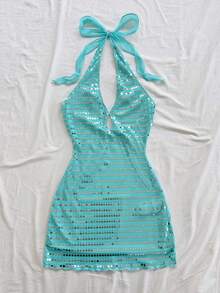 Soleia 新款休闲度假西部海滩婚礼宾客着装返校毕业早午餐圣帕特里克节春假复活节音乐节优雅波西米亚热带露背迷你连衣裙 - 淺藍色 - 查看 6