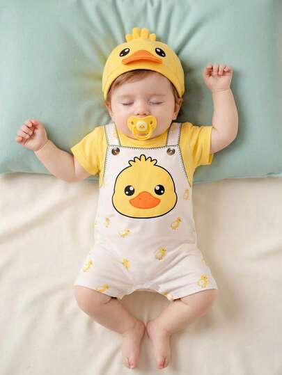 Bộ áo liền quần 2 trong 1 cổ tròn tay ngắn phối màu tương phản hình chú vịt hoạt hình dễ thương, thích hợp cho bé sơ sinh và trẻ nhỏ từ 0-3 tuổi, kiểu áo bodysuit mùa hè, trang phục mùa xuân/hè cho bé chơi ngoài trời.