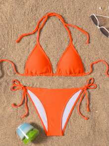 Swim Basics Bộ bikini gợi cảm buộc dây cổ màu trơn dành cho nữ mùa hè 2026 - Màu Cam cháy - Xem 1