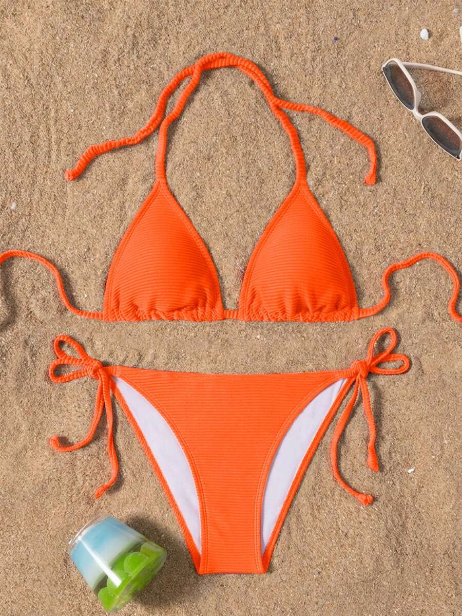 Swim Basics Bộ bikini gợi cảm buộc dây cổ màu trơn dành cho nữ mùa hè 2026 - Màu Cam cháy - Xem 1
