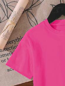 Young Girls' Casual Comfortable Fashion Cute Personalized Letter, Checkerboard, Face, Floral Print Short Sleeve T-Shirt, Suitable For Spring/Summer Daily Wear And - Hot Pink - View 4