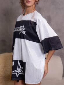 juhmazzocco Mesh Letter Print Contrast Color Casual Loose Sports T-Shirt - Black - View 4