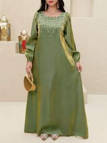 SHEIN Najma Đầm kiểu Ả Rập thanh lịch đính ngọc trai dành cho nữ - màu xanh lá - Xem 2